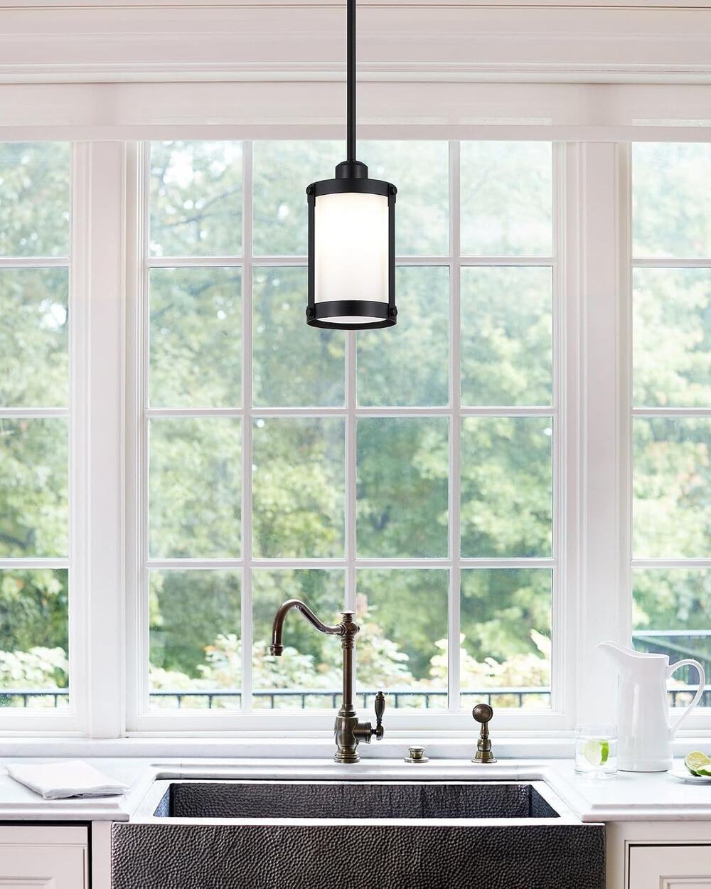 Black Mini Pendant Light with Milk Glass Shade, E26